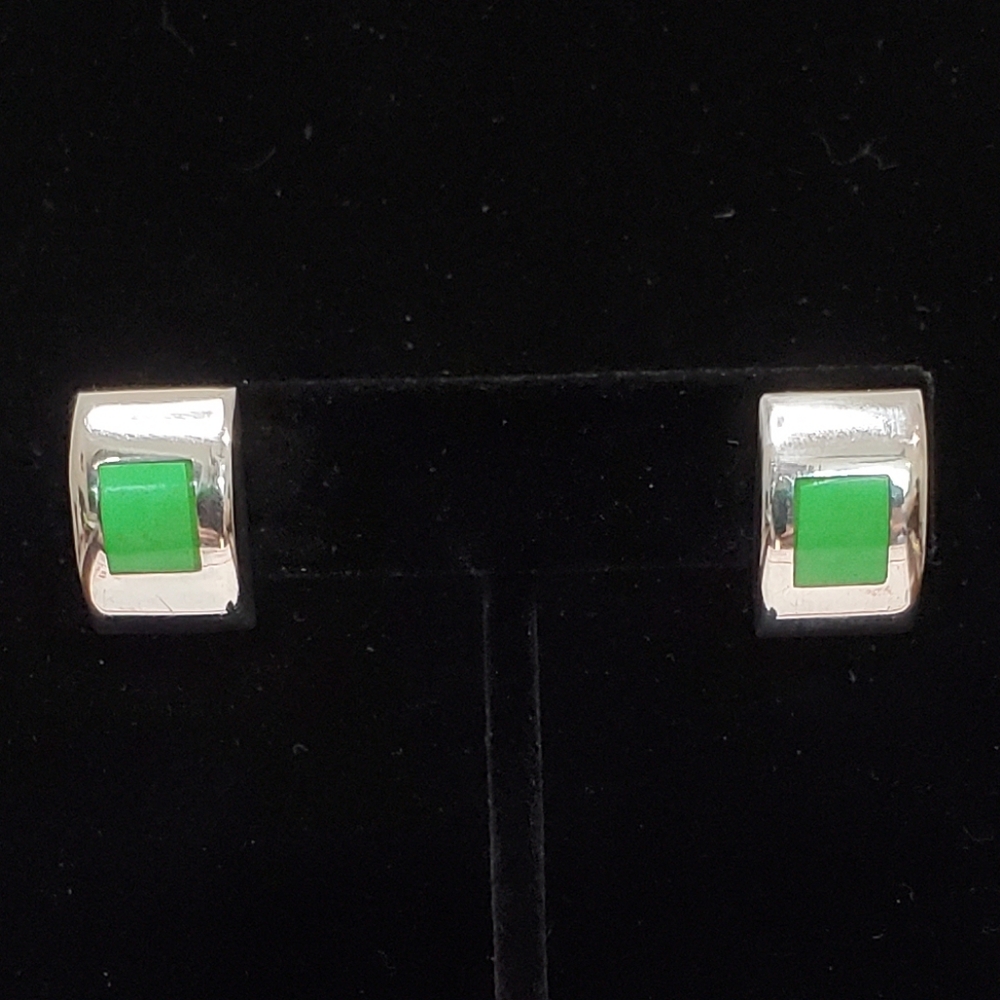 Vintage Mexico 925 Sterling Silver Green Stone Inlay Post Back Curved Earrings